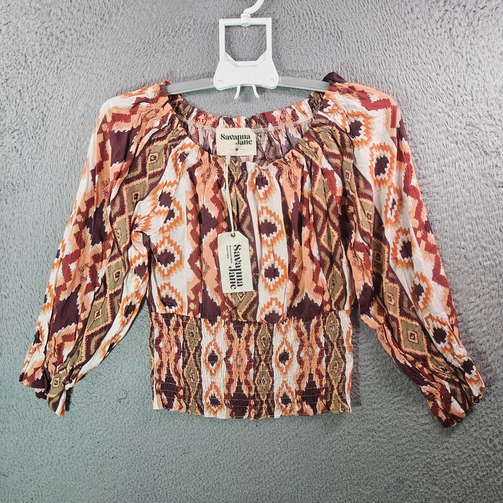 NEW Savanna Jane Cropped Topโ Women Medium Wide Neck Aztec Print Earth Tone